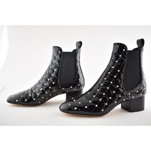 Valentino Rockstud Chelsea Spike Black Patent Stud Heel Short Ankle Bootie 37 - Picture 10 of 12